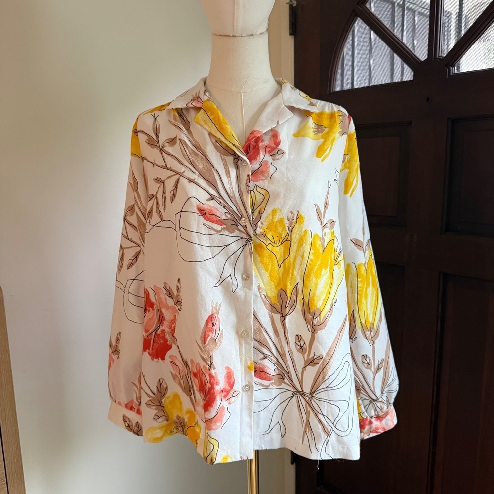 Vtg 60/70s Vera Neumann Novelty Print Floral Dagger Collar Button Up  S/M